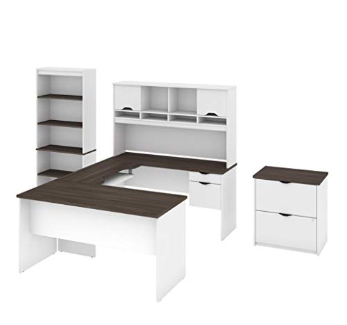 Bestar 3-Piece Set Including a U-Shaped Desk with Hutch, a lateral File Cabinet, and a Bookcase - Innova