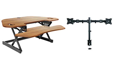 Rocelco 46" Height Adjustable Corner Standing Desk Converter with Dual Monitor Arm BUNDLE - Sit Stand Up Computer Workstation Riser - Extra Large Keyboard Tray - Teak Wood Grain (R CADRT-46-DM2)