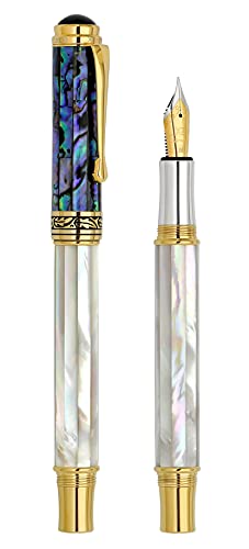 Xezo Maestro Fountain Pen, Medium Nib. Iridescent Oceanic Origin White Mother of Pearl and Paua Sea Shell. 18 Karat Gold and Pure Platinum Plating. No Two Alike