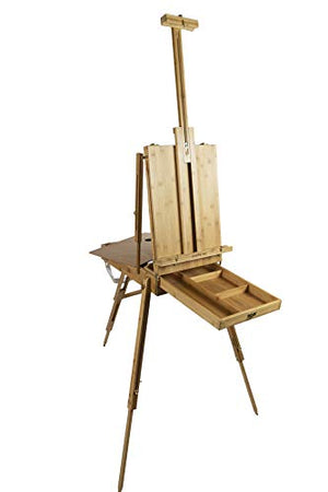 Pacific Arc Solid Bamboo French Box Field Easel with Palette and Sketchbox, 34 Inch Canvas Size for Painting, Drawing, Watercolors,Sketching, Pictures, Signs, Posterboards