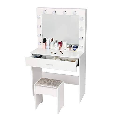 Onefa Makeup Vanity Table with Lighted Mirror, Cushioned Stool, Dressing Table, Vanity Makeup Table Set for Girl and Women, Vanity Dressing Table Set with Big Drawer