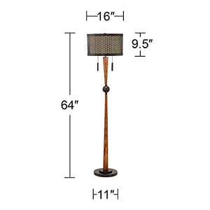 Franklin Iron Works Modern Farmhouse Floor Lamp 64" Tall Bronze Cherry Wood Double Drum Shade