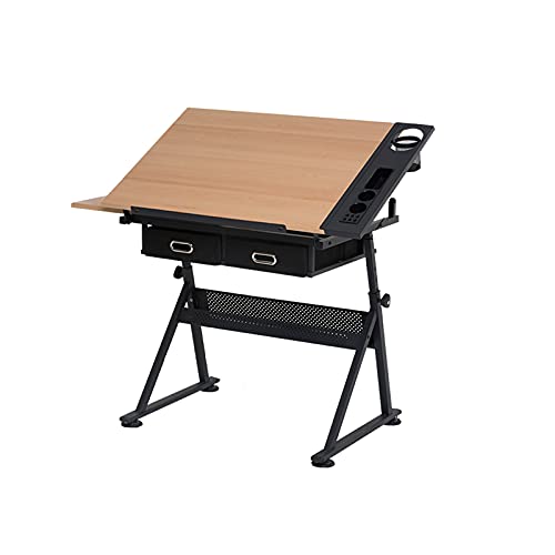 Camp Table top infinitely tiltable, 2 Drawers/Work Surfaces, Wood Look Black - Desk, Office Table, Work Table, Architect Table for Architects/Technicians (Color : A)