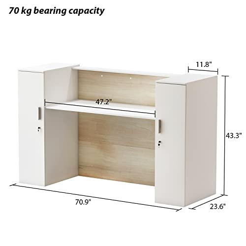 AIEGLE Large Reception Desk with Counter, Lockable Storage, Adjustable Shelves - Natural/White (70.9" W)