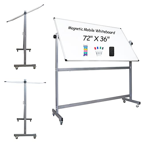 Magnetic Double Sided Mobile Dry Erase White Board with Rolling Stand on Wheels, 72 x 36 Inch, Large Standing Writing Reversible Whiteboard Easel with 4 Markers 1 Eraser 10 Magnets 1 Ruler