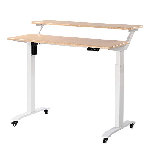 UNICOO - 2 Tier Electric Height Adjustable Standing Desk, Electric Standing Workstation Home Office Sit Stand Up Desk (Light Oak Top/White Legs - Electric- 2 Tier)