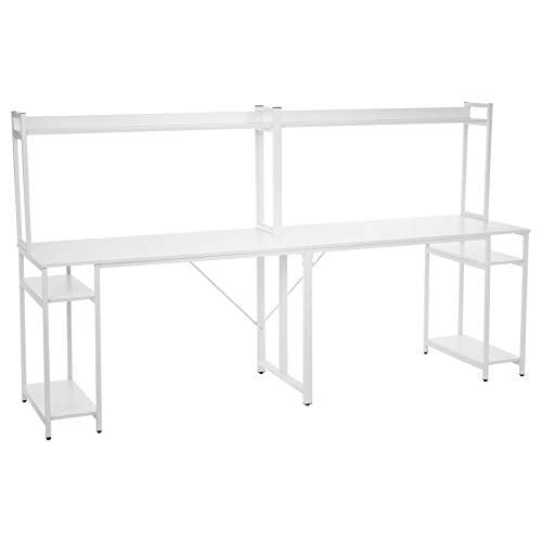 Double Computer Desk with Hutch, Extra Long Two Person Home Office Writing Desk with Storage Shelves, Workstation Office Desk Table Study Writing Desk w/CPU Stand (White)
