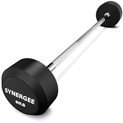Synergee Fixed 80LB Barbell - Pre Weighted Straight Steel Bar with Rubber Weights - Fixed Weight