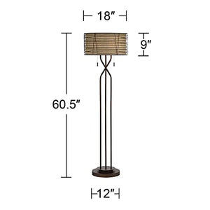 Franklin Iron Works Marlowe Industrial Rustic Farmhouse Floor Lamp - 60 1/2" Tall Bronze Woven Iron Metal Burlap Fabric Double Drum Shade