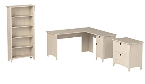 Bush Furniture Salinas L Shaped Desk with Lateral File Cabinet and 5 Shelf Bookcase, 60W, Antique White
