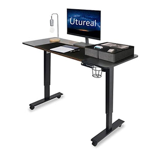 Utureal 55 x 24 Inch Black and Rustic Brown Electric Standing Desk with Large Black Mouse Pad, 4 Rolling Wheels, and Set of 3 Fabric Grey Storage Bins