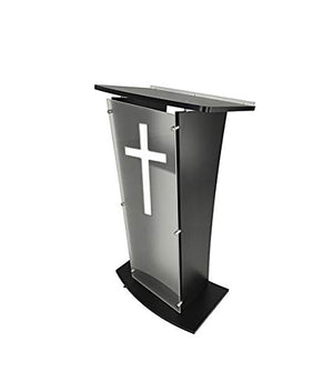 FixtureDisplays Black Wood Church Podium with Frost Acrylic Front Panel, 46" Tall Pulpit Lectern - Optional Christian Cross Decor - Easy Assembly (1803-5-BLACK+1803CROSS-NPF)
