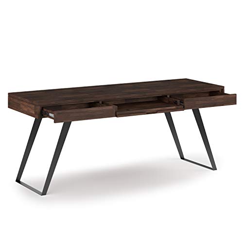 SIMPLIHOME Lowry SOLID WOOD and Metal Modern Industrial 72 inch Wide Home Office Desk, Writing Table, Workstation, Study Table Furniture in Distressed Charcoal Brown