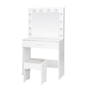 Onefa Makeup Vanity Table with Lighted Mirror, Cushioned Stool, Dressing Table, Vanity Makeup Table Set for Girl and Women, Vanity Dressing Table Set with Big Drawer