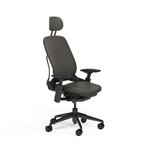 Steelcase Leap Desk Chair with Headrest Soapstone Leather Seat and Back - Highly Adjustable Arms - Black Frame and Base - Standard Carpet Casters