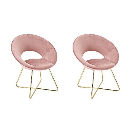 CangLong Modern Velvet Accent Chairs Upholstered Chairs Make-up Stool Home Office Guest Reception Chairs Dining Chair Leisure Lounge Chairs with Golden Legs Set of 2, Pink (KU-191339)