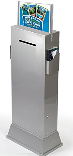 Steel Floor-Standing Ballot Box with Acrylic 17 x 11 Sign Holder, Two Brochure Pockets - Silver
