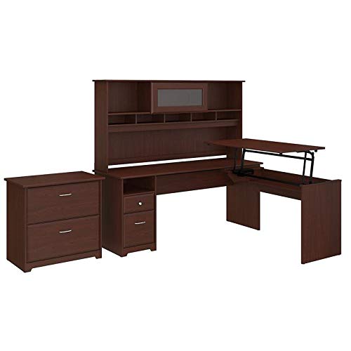 Bush Furniture Cabot 72W 3 Position L Shaped Sit to Stand Desk with Hutch and File Cabinet in Harvest Cherry