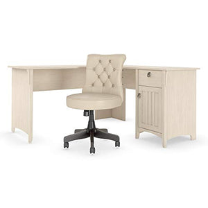 Bush Furniture Salinas 60W L Shaped Desk with Mid Back Tufted Office Chair in Antique White