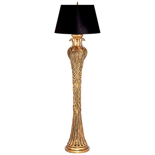 Design Toscano Peacock Panorama Floor Lamp, 65 Inch, Faux Gold with Black Fabric Shade