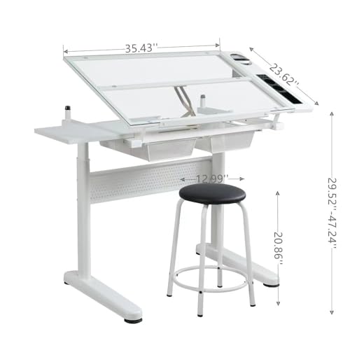 Royard Oaktree Drafting Table with Tilting Glass Tabletop, Height and Angle Adjustable - Black