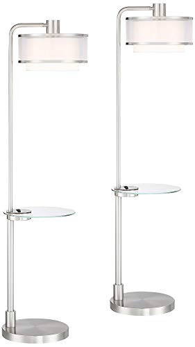 Possini Euro Design Modern Floor Lamps 60" Tall Set of 2 with Tray Table USB Charging Port Brushed Nickel Silver Organza Shade