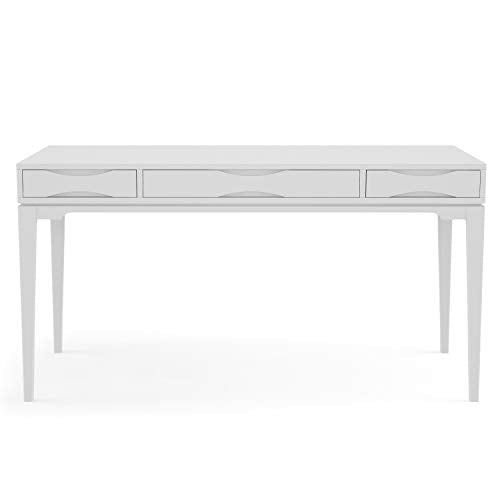 SIMPLIHOME Harper SOLID WOOD Mid Century Modern 60 inch Wide Home Office Desk, Writing Table, Workstation, Study Table Furniture in White with 2 Drawerss