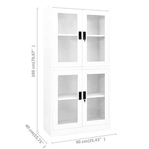 vidaXL White Steel and Tempered Glass Scandinavian Style Office Cabinet with Adjustable Shelves and Lock - 35.4"x15.7"x70.9