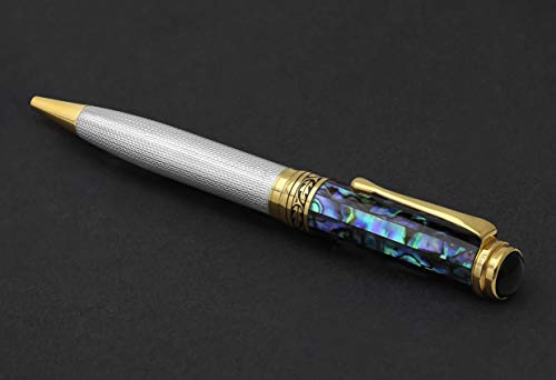 Xezo Maestro Solid 925 Sterling Silver Blue Paua Sea Shell Luxury Ballpoint Pen. No Two Alike, Serialized. 18k Gold Plated (Maestro 925 Sea Shell B)