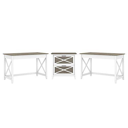 Bush Furniture Key West 2 Person Desk Set with Lateral File Cabinet, Pure White and Shiplap Gray