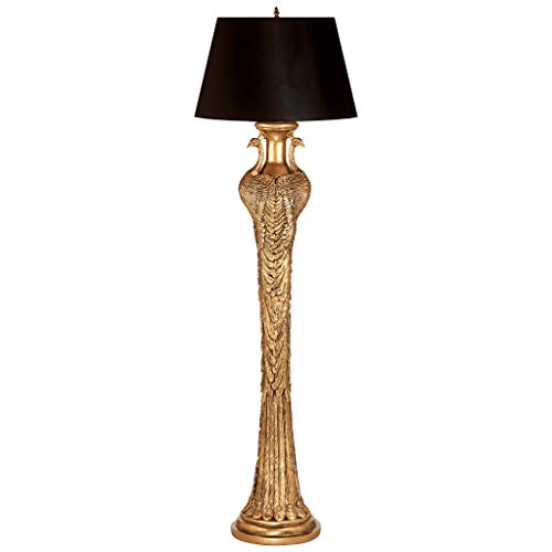 Design Toscano Peacock Panorama Floor Lamp, 65 Inch, Faux Gold with Black Fabric Shade