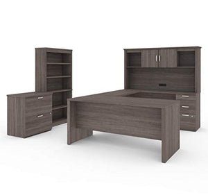 Bestar Logan U-Shaped Desk with Hutch, Lateral File Cabinet, and Bookcase in Bark Grey, 66W
