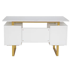 Techni Mobili Modern Office Desk with Storage Drawers and Cabinet, White/Gold