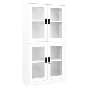 vidaXL White Steel and Tempered Glass Scandinavian Style Office Cabinet with Adjustable Shelves and Lock - 35.4"x15.7"x70.9