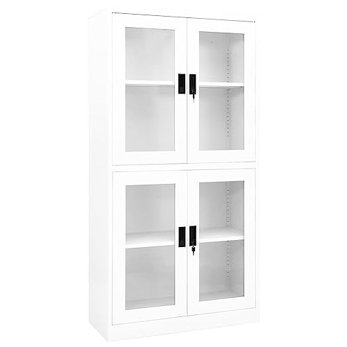 vidaXL White Steel and Tempered Glass Scandinavian Style Office Cabinet with Adjustable Shelves and Lock - 35.4"x15.7"x70.9
