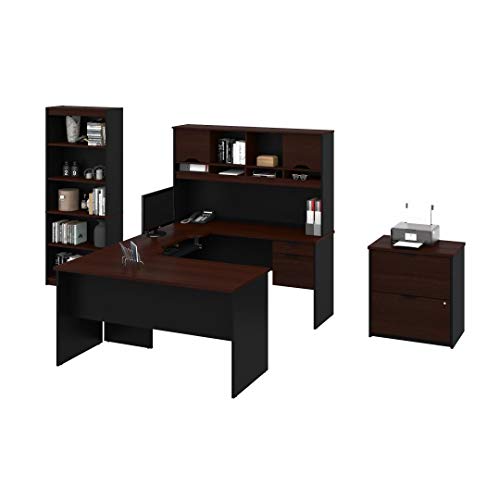 Bestar 3-Piece Set Including a U-Shaped Desk with Hutch, a lateral File Cabinet, and a Bookcase