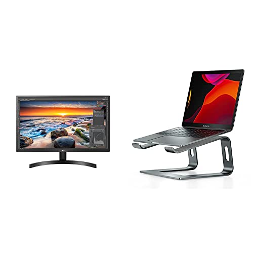 LG 27UK500-B Monitor 27” UHD (3840 x 2160) IPS Display - Black & Nulaxy Laptop Stand, Ergonomic Aluminum Laptop Mount Computer Stand, Detachable Laptop Riser Notebook Holder Stand - Space Gray