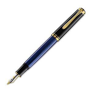 Pelikan Souveran M600 Fountain Pen, 14k Gold Extra Fine Nib, Black/Blue Barrel with Gold Accents (995308)