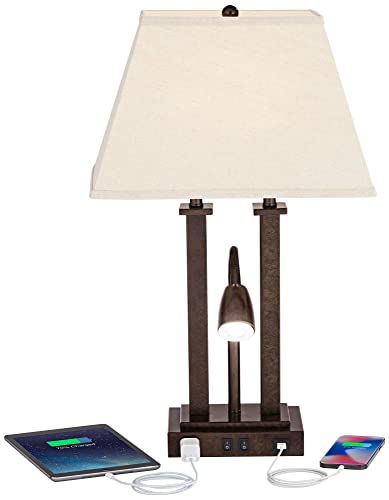 Possini Euro Design Deacon 26" High Industrial Modern Desk Lamps Set of 2 - Brown Bronze Finish Metal Oatmeal Shade - USB Port AC Power Outlet - Gooseneck - Home Office Living Room Charging