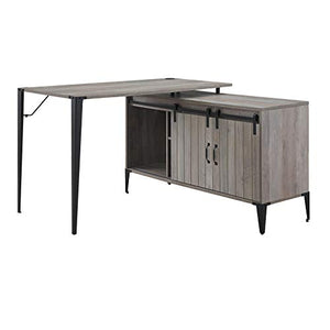 Knocbel Farmhouse L-Shaped Computer Desk with Sliding Barn Door Storage Cabinet and Cord Management, Home Office Workstation Writing Table with Metal Legs, 48" L x 48" W x 31" H (Gray Oak and Black)