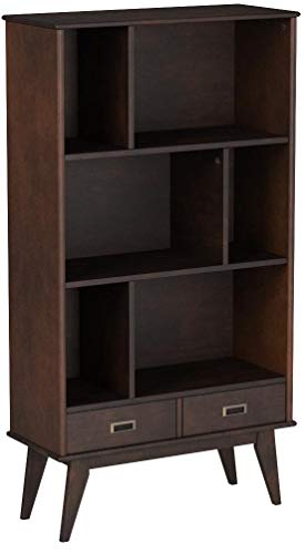 Simpli Home 3AXCDRP-13 Draper Solid Hardwood 64 inch x 35 inch Mid Century Modern Wide Bookcase and Storage Unit in Medium Auburn Brown