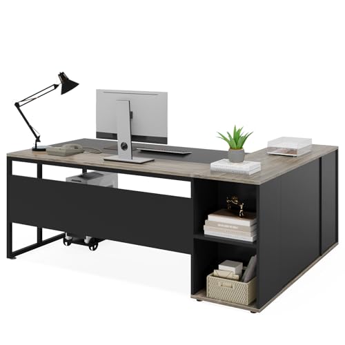 Tribesigns 71" Executive L-Shaped Desk with Cabinet Storage, Shelves - Gray