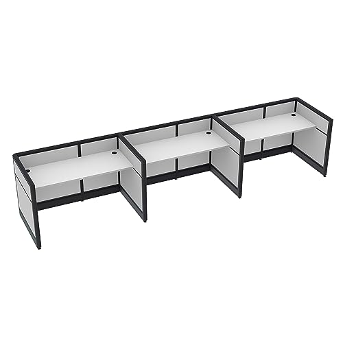 SKUTCHI DESIGNS INC. 3 Person Powered Call Center Cubicles | Straight Desk Workstation Cluster | Emerald Collection | White