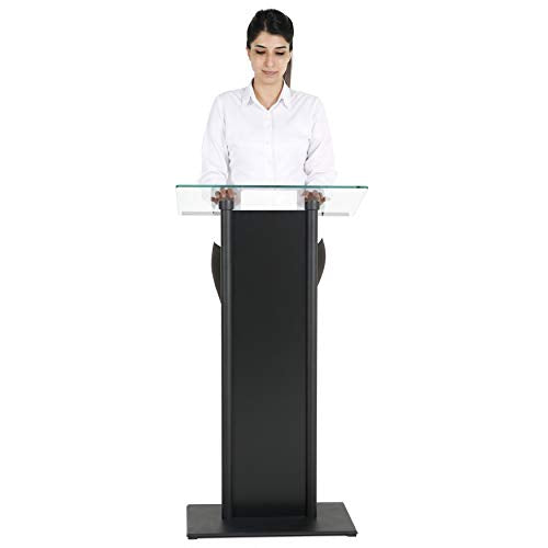 M&T Displays Clear Glass Conference Podium Stand with Aluminum Front Panel - 43.9" Height