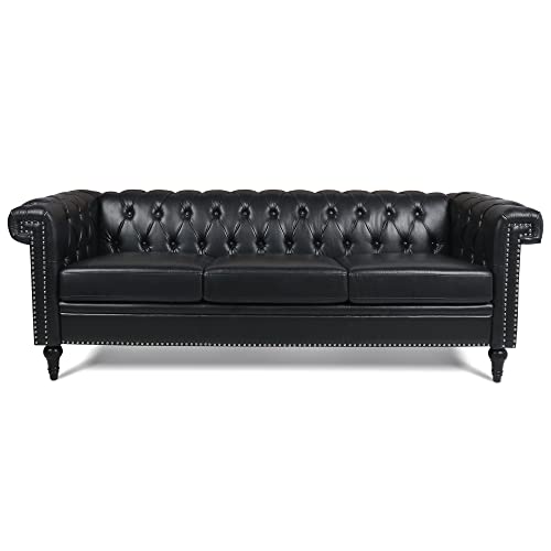 Generic 82.5 Inch Width Traditional Square Arm Removable Cushion 3-Seater Sofa Black Solid Polyurethane