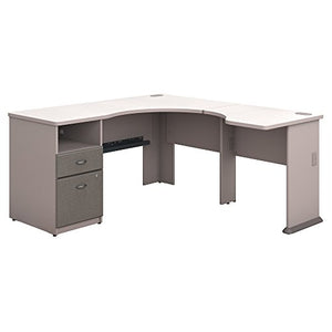 Bush Business Furniture Series A 60W L Shaped Corner Desk with 2 Drawer Pedestal and 30W Bridge in Pewter and White Spectrum