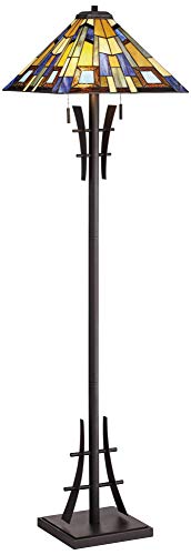 Robert Louis Tiffany Mission Modern Tiffany Style Standing Floor Lamp 62" Tall - Bronze Iron Jewel Tone Stained Art Glass Shade - Living Room Decor