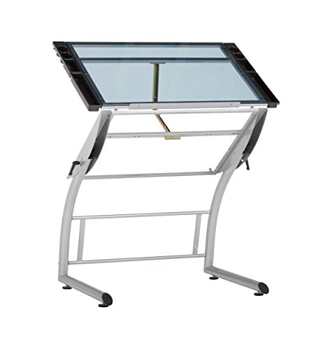 SD STUDIO DESIGNS Triflex Drawing Table, Sit to Stand Up Adjustable Office Home Computer Desk, 35.25" W X 23.5" D, Silver/Blue Glass
