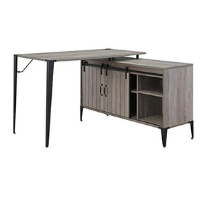 Knocbel Farmhouse L-Shaped Computer Desk with Sliding Barn Door Storage Cabinet and Cord Management, Home Office Workstation Writing Table with Metal Legs, 48" L x 48" W x 31" H (Gray Oak and Black)