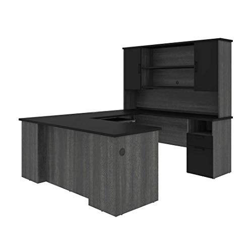 Bestar Norma 71W U or L-Shaped Executive Desk with Hutch in Black & Bark Gray